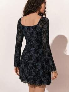 Poéselle Women's Casual Commuter All-Over Print Flare Sleeve Dress - Black - View 2