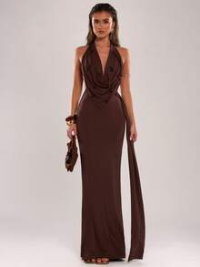 SHEIN BAE Women's Summer Elegant Dark Brown Draped Neck Backless Pearl Decor Dress, Halter Long Dress For Party Night,Vacation,Beach & Wedding Guest - Teal Blue - View 1