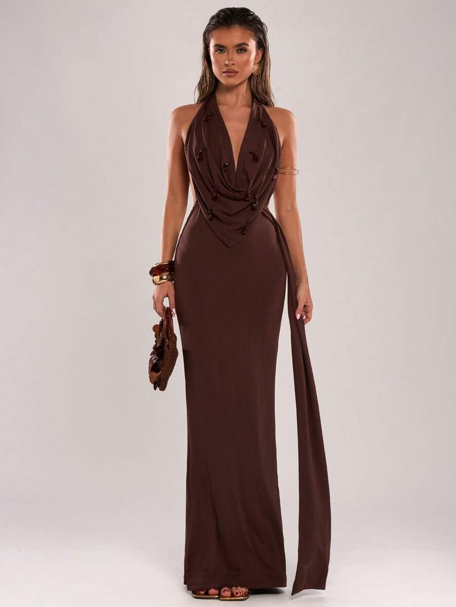 SHEIN BAE Women's Summer Elegant Dark Brown Draped Neck Backless Pearl Decor Dress, Halter Long Dress For Party Night,Vacation,Beach & Wedding Guest - Teal Blue - View 1