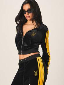 Missguided x Playboy Áo khoác nữ nhung mềm mại, khóa kéo toàn thân, điểm nhấn sọc vàng và thêu hình thỏ, phong cách đường phố mùa đông sang trọng, thường ngày. - màu đen - Xem 4