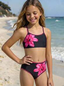 Tween Girls Random Ditsy Floral Bikini Set, Bright Fuchsia Camisole Bikini With Shell Trim, Summer Beach Backless Camisole Swimsuit Set, Beach Vacation Swimwear - Black - View 3