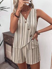 SHEIN LUNE Ladies Weave A Casual Striped Summer Two Pieces Set - Apricot - View 6