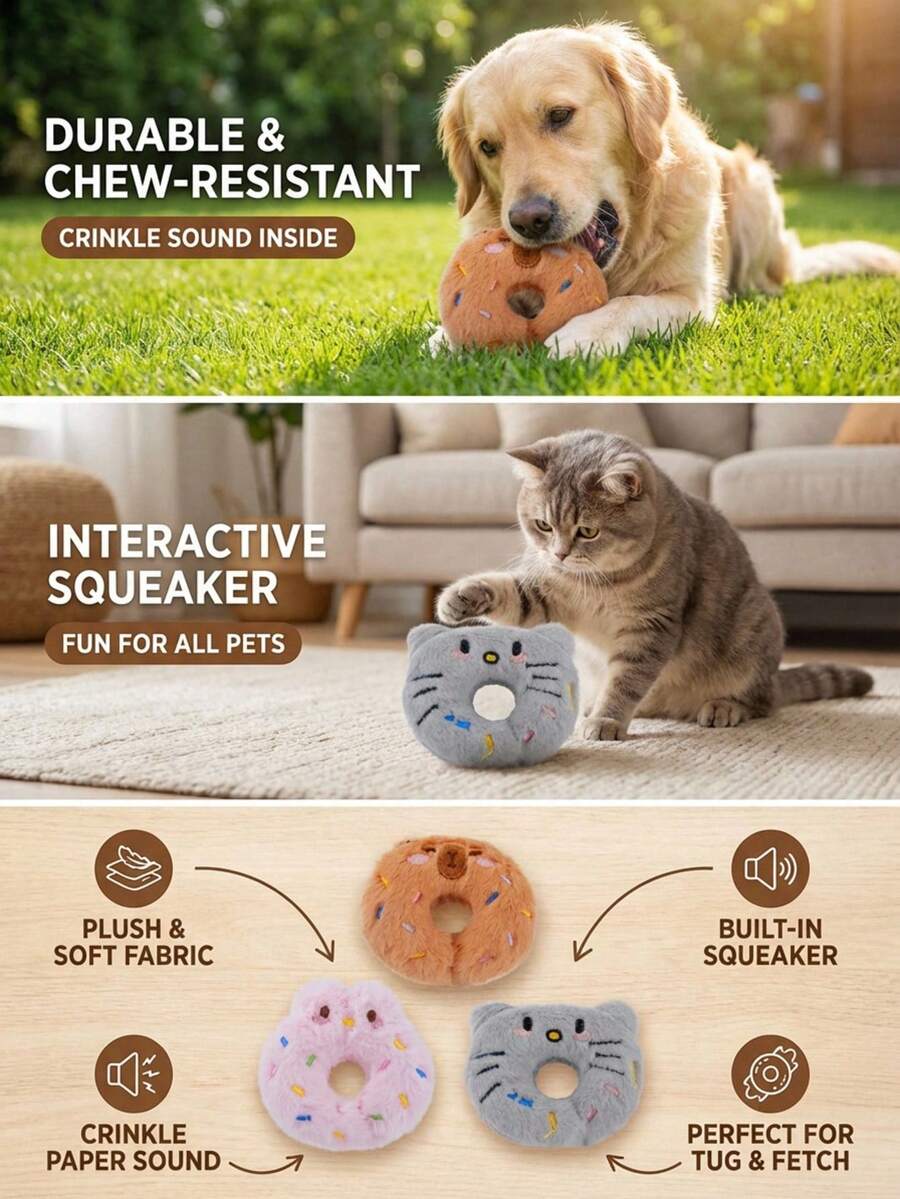 PETSIN Cute Plush Donut Cat Toy, Containing Sound Paper For Interactive Play With Cats - Multicolor - View 1