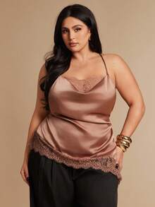 SHEIN BAE Regata Elegante de Cor Sólida com Renda Assimétrica em Contraste, Plus Size - Champanhe - Visão 2
