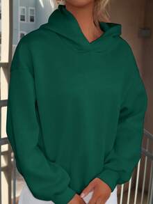 Sydney Algeri 女士休闲简约绿色连帽宽松加厚卫衣，秋冬季 - 墨綠色 - 查看 6