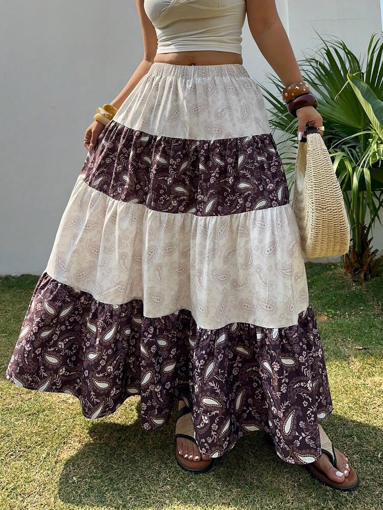 Dazy Plus Spring & Summer Loose Casual Vacation Bohemian Geometric Floral Print Color Block Skirt, Plus Size