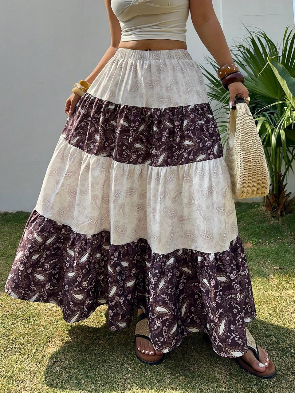 Dazy Plus Spring & Summer Loose Casual Vacation Bohemian Geometric Floral Print Color Block Skirt, Plus Size Boho