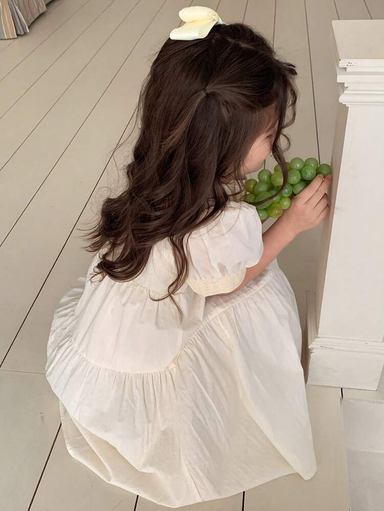 Young Girls Round Neck Spring/Summer Embroidered Korean Style Puff Sleeve Dress