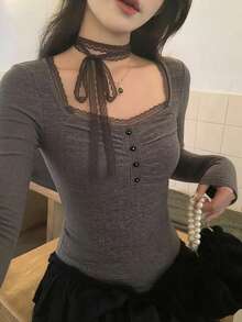 DAZY 女士优雅系带长袖T恤，适合春秋季穿着 - 灰色 - 查看 4