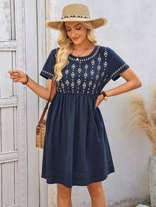 EMERY ROSE Đầm ngắn tay thắt eo họa tiết hình học dành cho nữ, thích hợp cho kỳ nghỉ hè ở bãi biển. - Màu xanh hải quân - Xem 4