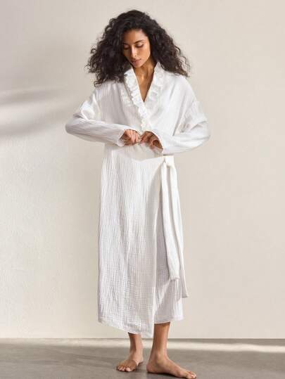 Ocili Cotton Embroidered Lace Double-Layer Crinkle Cotton Soft & Comfortable Robe With Frill Trim For Women