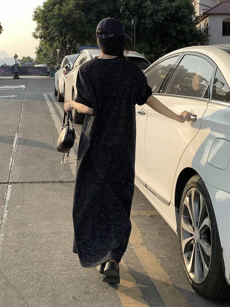 Casual Tie-Dye Letter Print Long Dress, Suitable For Everyday Wear