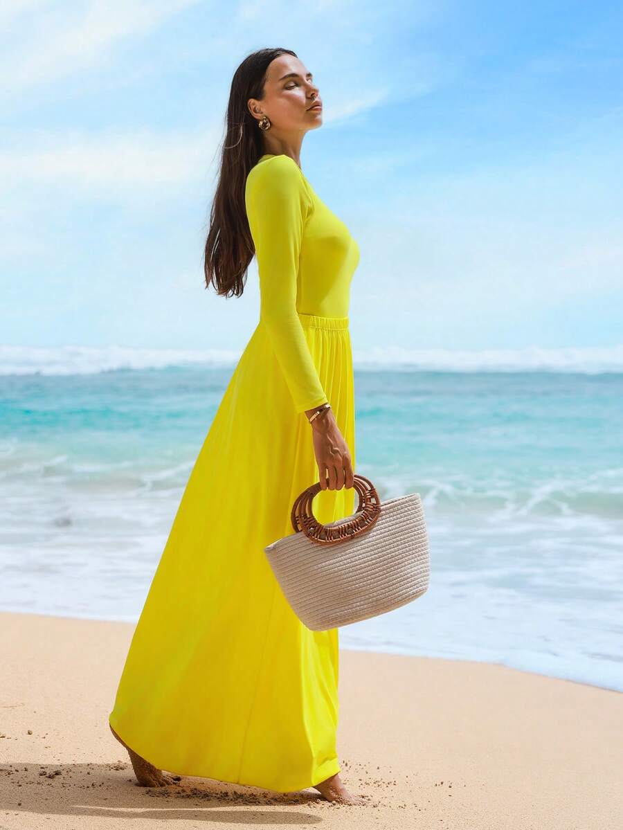 Swim Shayni Women's 3-Piece Set: Yellow Round Neck Half-Zip Long Sleeve Top, Matching Long Pants, And Elegant A-Line Skirt, Suitable For Beach Vacation - Yellow - View 1