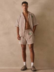 Musero Pinstripe Elasticated Drawstring Waistband Graphic Olive Printed Shorts Spring Summer Holiday - Brown - View 2