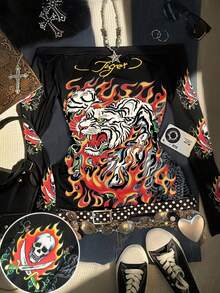 Glimmora Áo nữ cỡ lớn trễ vai in họa tiết cá nhân hóa phong cách Y2K, thời trang thu đông, phong cách Y2K sành điệu dành cho nữ. - Nhiều màu - Xem 1