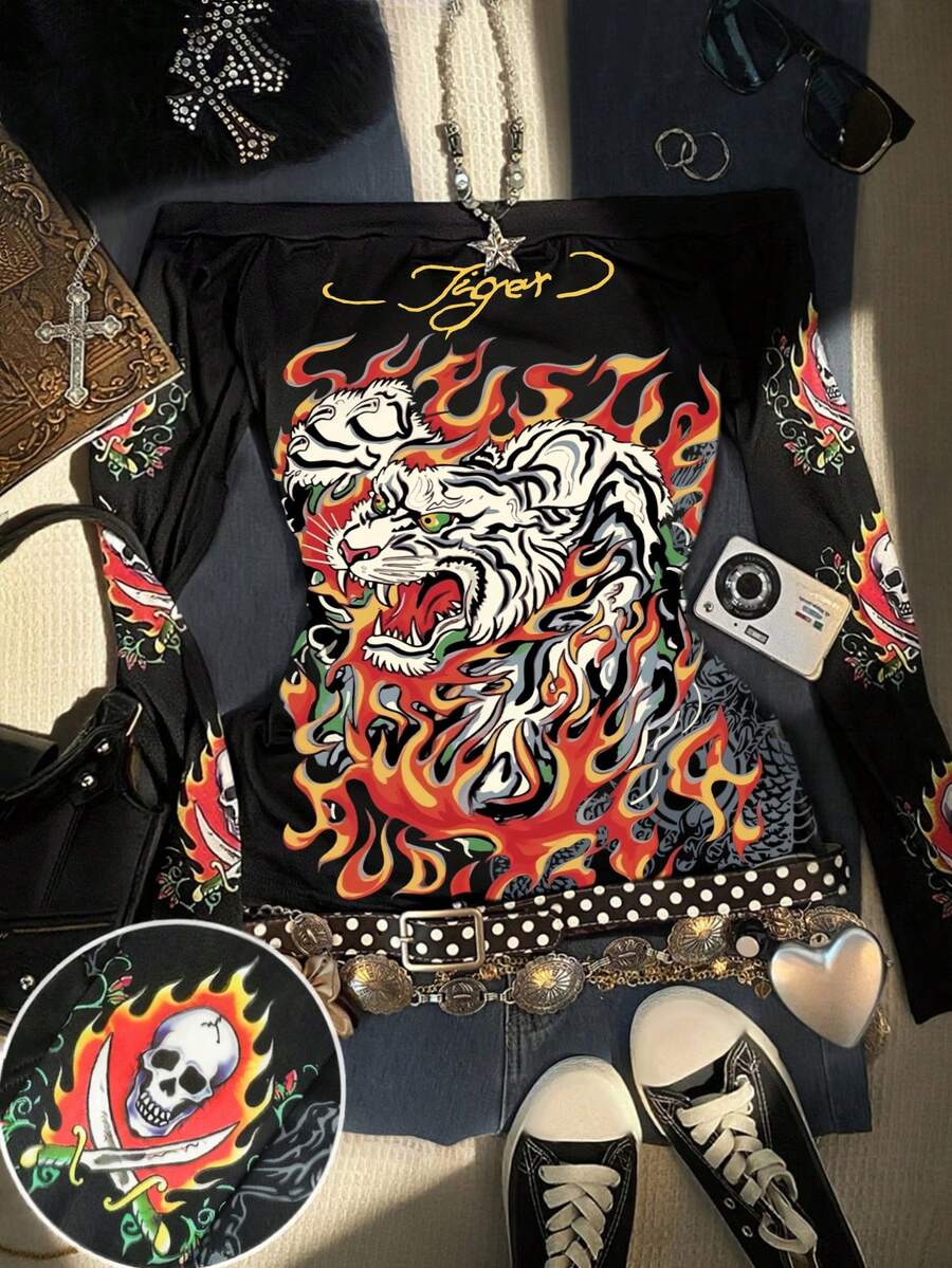 Glimmora Áo nữ cỡ lớn trễ vai in họa tiết cá nhân hóa phong cách Y2K, thời trang thu đông, phong cách Y2K sành điệu dành cho nữ. - Nhiều màu - Xem 1