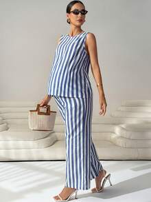 MaterniWear 两件套孕妇条纹圆领背心和抽绳腰裤休闲套装 - 藍白色 - 查看 1