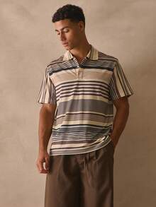 Musero 修身短袖撞色条纹翻领落肩纽扣 Polo 衫款式纹理衬衫，春夏必备单品 - 彩色 - 查看 1
