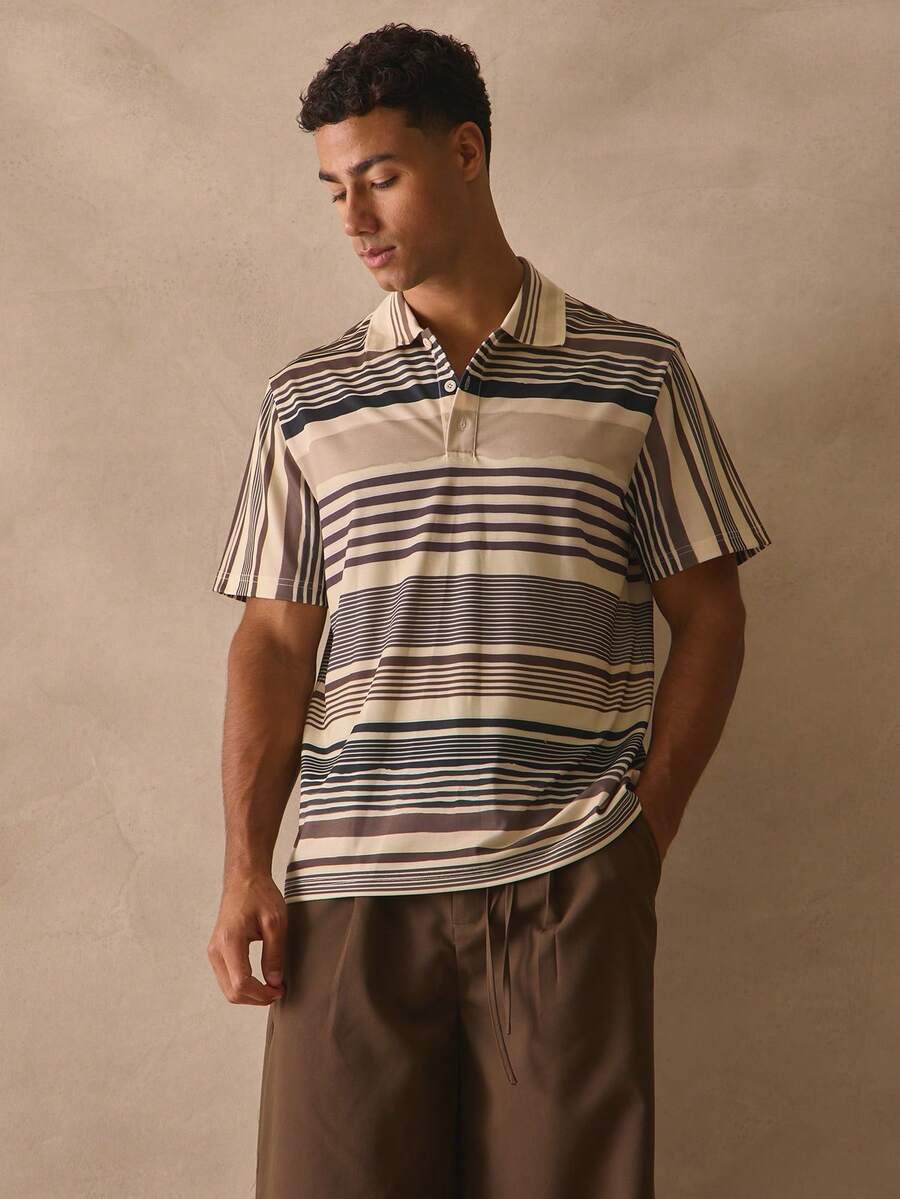 Musero 修身短袖撞色条纹翻领落肩纽扣 Polo 衫款式纹理衬衫，春夏必备单品 - 彩色 - 查看 1
