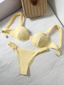 Swim Mod 女士休闲度假沙滩风纯色粗肩带丁字裤比基尼两件套泳衣，波西米亚风夏季聚拢泳衣聚拢文胸泳衣浅黄色比基尼聚拢泳衣黄色泳衣比基尼套装晒日光浴比基尼褶皱比基尼褶皱肩带比基尼另类比基尼套装女士泳衣女士比基尼套装春夏精选Y2K泳衣女士泳装女士两件套泳衣 - 黃色 - 查看 2