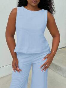 Alexandranx Set de 2 piezas para mujer con top ajustado de unicolor tejido y pantalón  holgado de cintura alta - Conjunto de ropa de primavera para mujer ideal para vacaciones tropicales, de lino - Azul - Ver 4