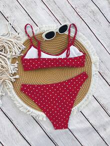 Swim Mod 优雅度假波西米亚风海军蓝白波点可调节肩带V领比基尼套装 - 彩色 - 查看 2