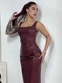Bearsaez 女士优雅酒红色无袖修身 PU 连衣裙 - 酒紅色 - 查看 5