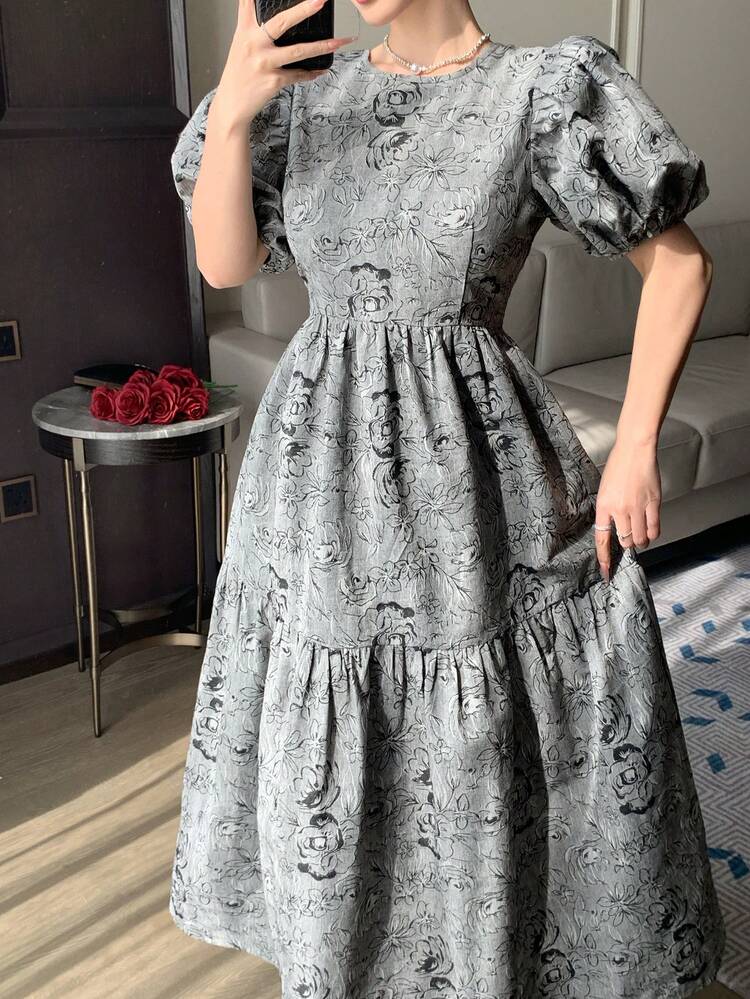Women's Elegant Commuter Jacquard Petal Sleeve Dress, Summer Sundress