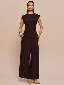 Olia Maree Olia Maree 2件套 女士纯色纹理褶皱圆领无袖上衣 - 棕色 - 查看 7