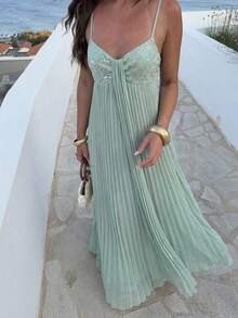 Aloruh 全新鸡尾酒会轻盈连衣裙，细肩带超长亮片拼接雪纺褶皱 A 字形无袖修身浅蓝色连衣裙 - 淺藍色 - 查看 3