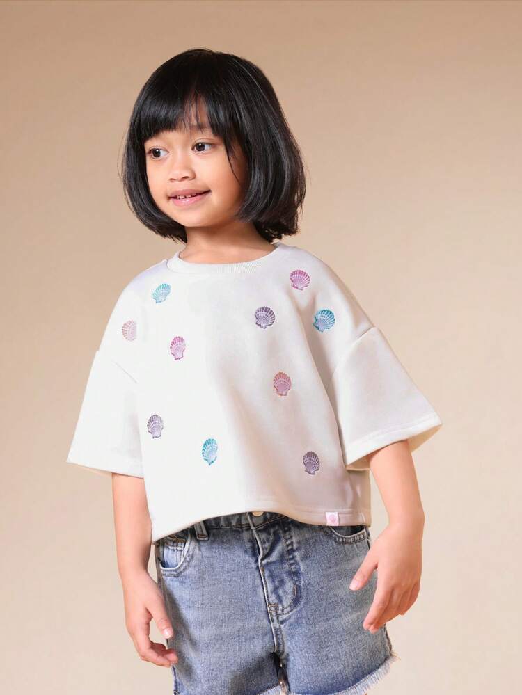 Girls Shell Embroidery Short Sleeve T-Shirt With Seashells Colorful Ocean Beach Summer Casual Crew Neck Tee Top