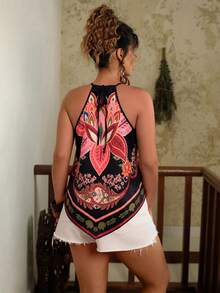 Travachic Plus Size Bohemian Casual Vacation Spring/Summer Tropical Beach Spaghetti Strap Sleeveless Loose Shoulder Strap Tank Top For Women - Black - View 2