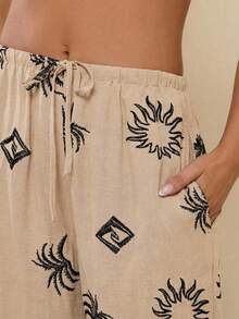 COSMINA Pantalon large en lin noir brodé pour femmes, pantalon décontracté de vacances à manches longues noires avec broderie dorée - Kaki - Voir 3