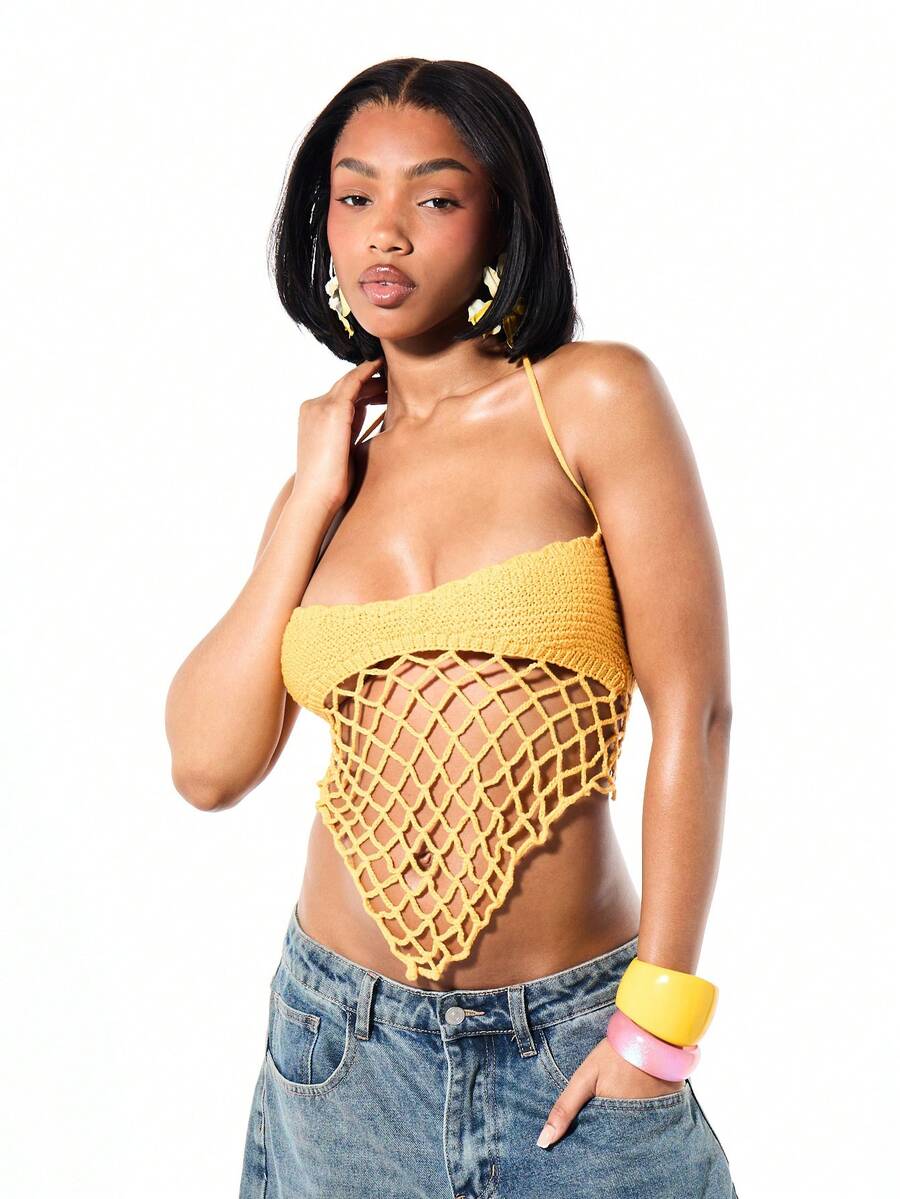 SUMWON WOMEN Women's Crochet Halter Neck Tank Top With Open Mesh Design Summer Beach Festival Boho Crop Top - Yellow - View 1