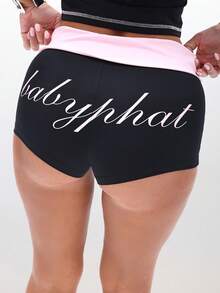 BABYPHAT Quần short bó sát cạp cao cỡ lớn bằng vải jersey, có thắt lưng màu hồng và chi tiết logo. - màu đen - Xem 5