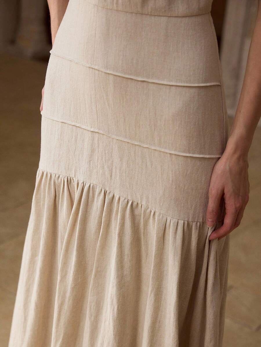 MOTF PREMIUM WOMEN'S 100% LINEN ROUND NECK SLEEVELESS MID-LENGTH CASUAL/DATE DRESS, SPRING/SUMMER - Apricot - View 2