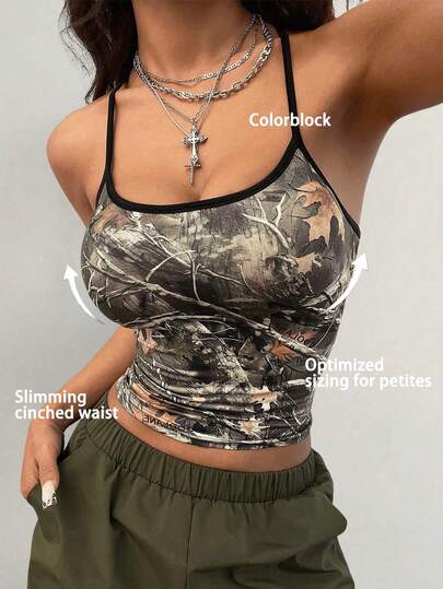 SHEIN Coolane Petite Women's Petite Summer Streetwear Casual Sexy Y2k Vintage Going Out Knit Tree Branch Pattern Graphics Stretchy Comfortable Bustier Short Tank Tops Petite-Friendly Cropped Top With Lengthening Effect