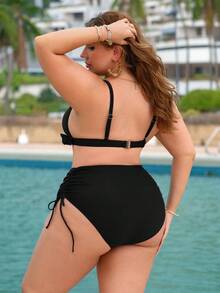 Swim Lushoire Plus Size Women's Solid Color Side Drawstring Bikini Bottom - Black - View 2