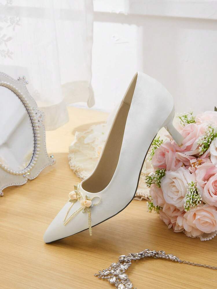 CUCCOO HITCHD Women Shoes Spring And Summer. New Pointed Thin Heel High Heel Romantic Elegant Beige Satin With Small Floral Women's High Heel Shoes Dress Shoes Bridal Shoes Wine Ceremony Season Collection For Valentine's Day Elegant And Versatile Elegant Shoes Wedding Shoes