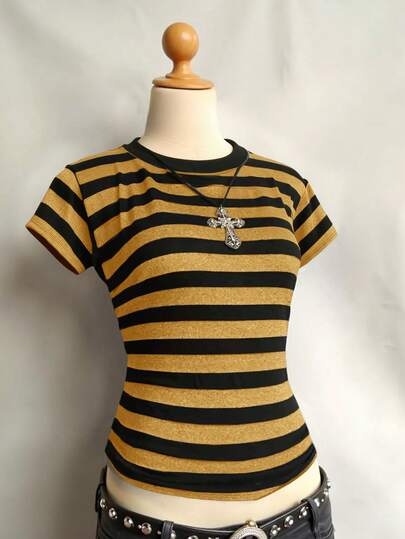 Lalippa Women's Striped Crew Neck Casual Versatile Daily Wear Short Sleeve T-Shirt