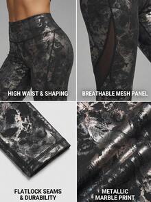 Innovista 金属银色网眼拼接高腰紧身舞蹈裤 - 黑色 - 查看 8