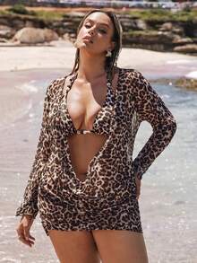 SHEIN BAE Große Größen Damen Leopard Muster Neckholder Bikini und Dreieck Slip Bademode Set mit Kimono Bademantel, Strandurlaub - Verschiedenfarbig - Übersicht 5