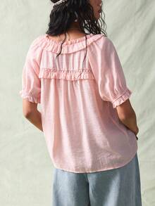 SoleilVie Solid Color Scoop Neck Ruffle Front Button Casual Short Sleeve Shirt Pink Blouses Peasant Top Blouse Summer Pink Babydoll Top Pink Ruffle Top Ruffle Blouse Ruffled Blouse Pink Summer Top - Pink - View 2