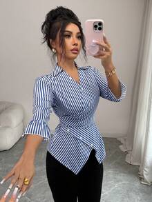 Elenzga Women's Elegant Fashion V-Neck Waist Cinched Mid-Sleeve Asymmetrical Design Daily Commute Date Minimalist Versatile Top, Blue Striped Blouse - Blue - View 4