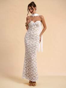 SHEIN BAE White Lace Strapless Mermaid Dress With Sash, White Dress, Wedding Season Dress - White - View 5