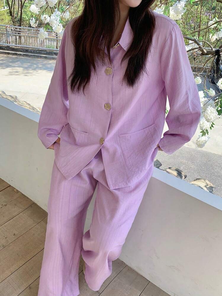Dazy Plus Floral Button Decor Loose Fit Long Top And Pants Sleepwear Set, Plus Size Women Spring/Summer