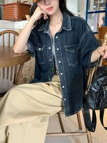 DAZY 女士翻领水洗复古韩版街头牛仔衬衫 - 藍色 - 查看 6