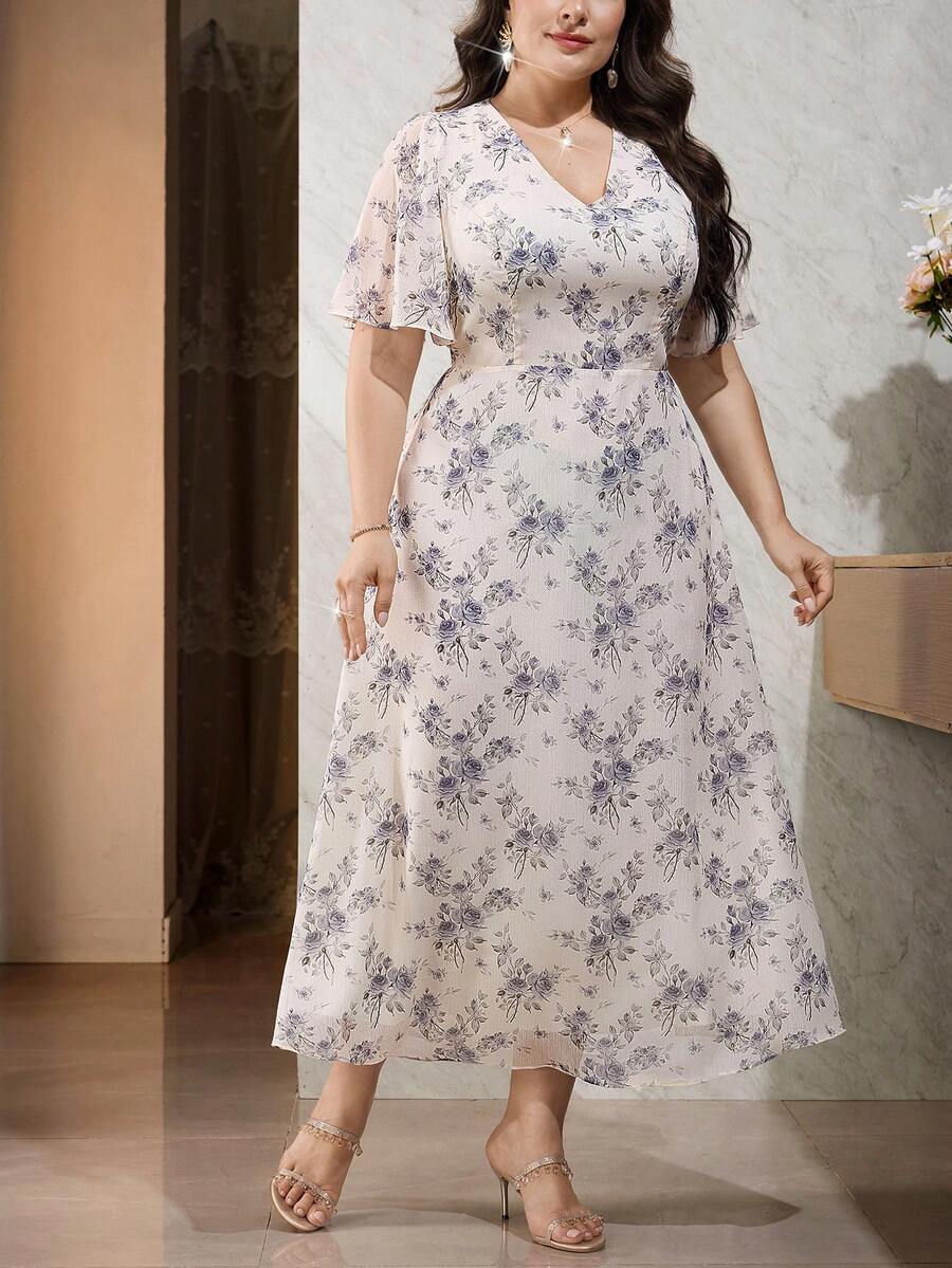 Modelyn 大码优雅印花V领系腰连衣裙，夏季 - 彩色 - 查看 1