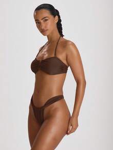 Musera Resort 厚肩带褶皱性感比基尼泳裤，适合度假、夏季旅行、海滩度假等场合，纯色泳装，休闲百搭。 - 棕色 - 查看 3