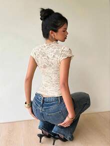 Siren Gaze Women's Lace Patchwork Hollow Out Blouse, Summer - Apricot - View 8